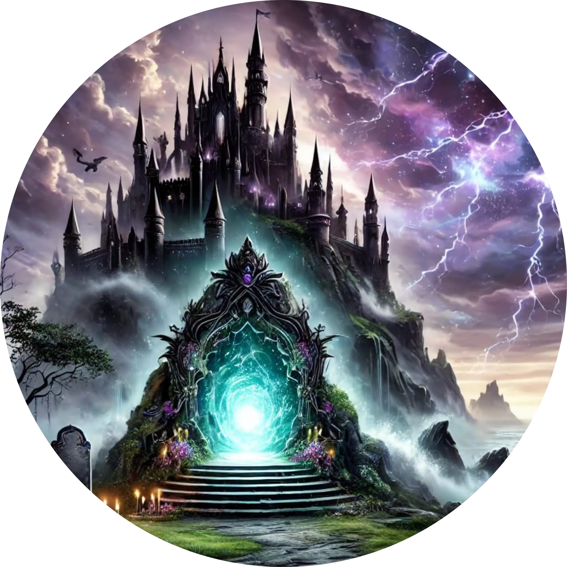 Dunkles Fantasy-Schloss mit leuchtendem Eingang in violett-blauer Umgebung