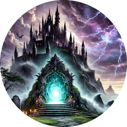 Dunkles Fantasy-Schloss mit leuchtendem Eingang in violett-blauer Umgebung