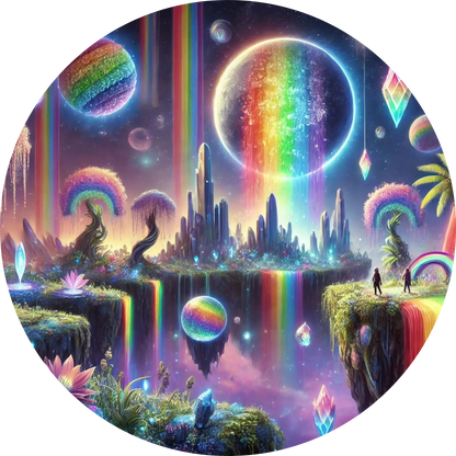 Bunte Stadt im Fantasy-Stil mit Regenbogenlichtern