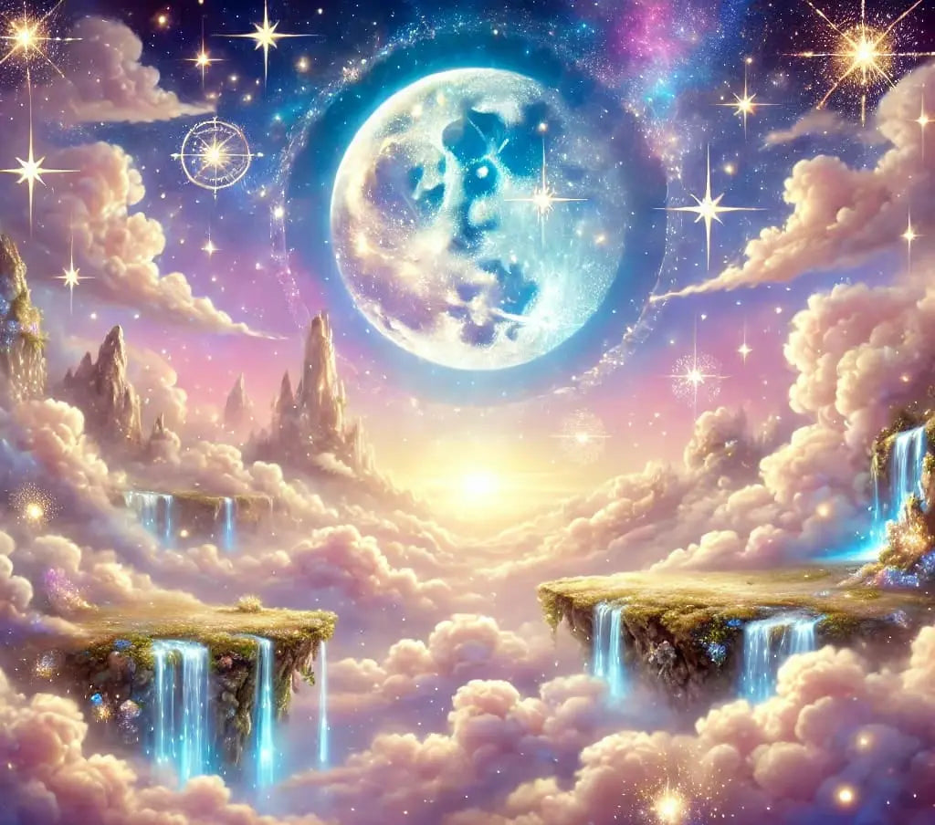 Traumhafte Fantasiewelt über den Wolken mit schwebenden Inseln, Wasserfällen und einem leuchtenden Vollmond.