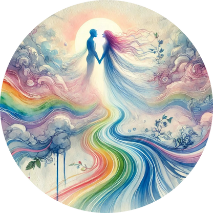 Zwei Figuren in fließender Farbspirale, verbunden durch einen bunten Pfad.