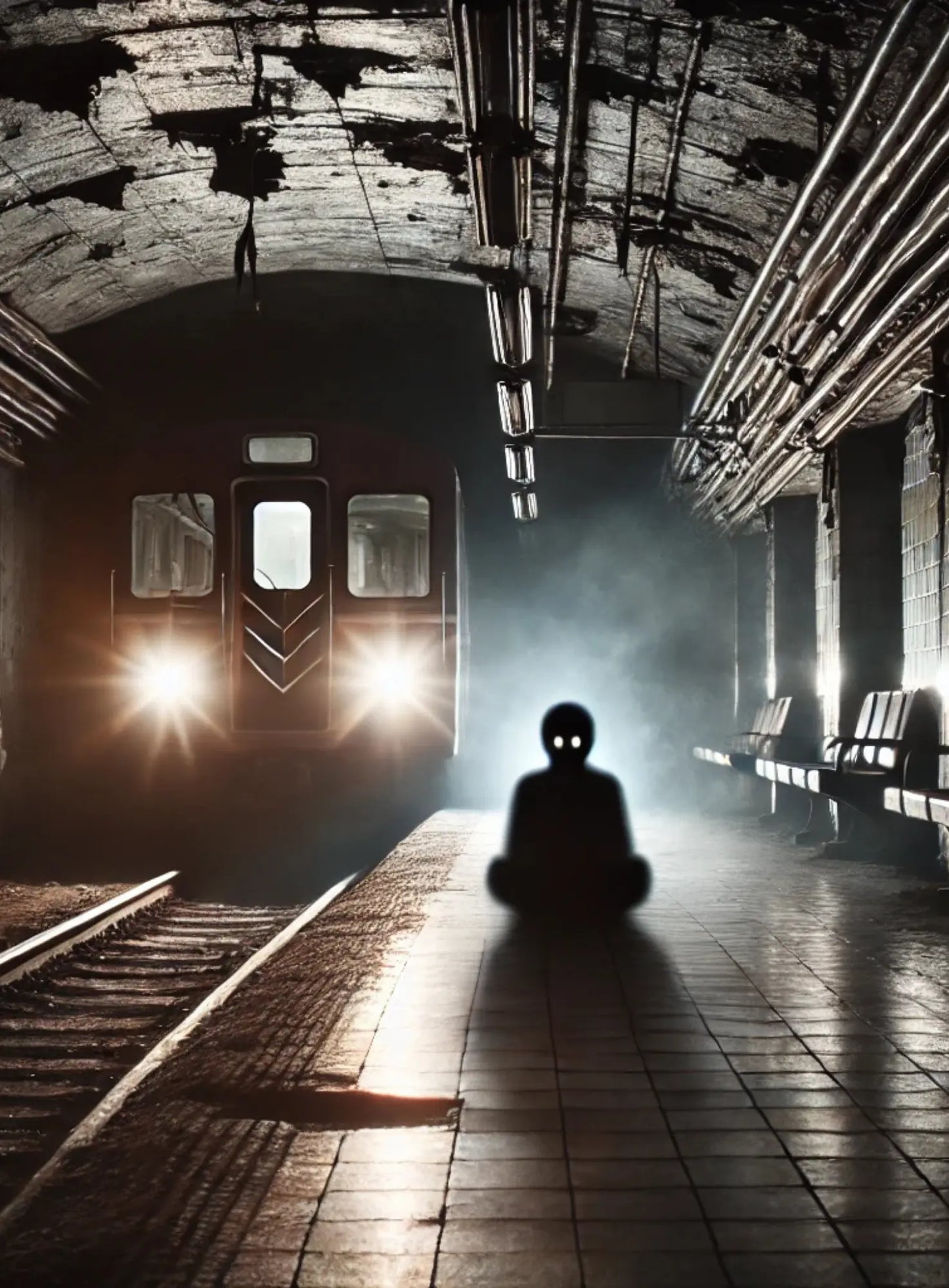 Einsame Gestalt auf einem verlassenen U-Bahn-Gleis – beklemmende Stimmung im Untergrund.“
