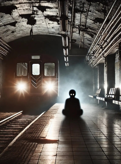 Einsame Gestalt auf einem verlassenen U-Bahn-Gleis – beklemmende Stimmung im Untergrund.“