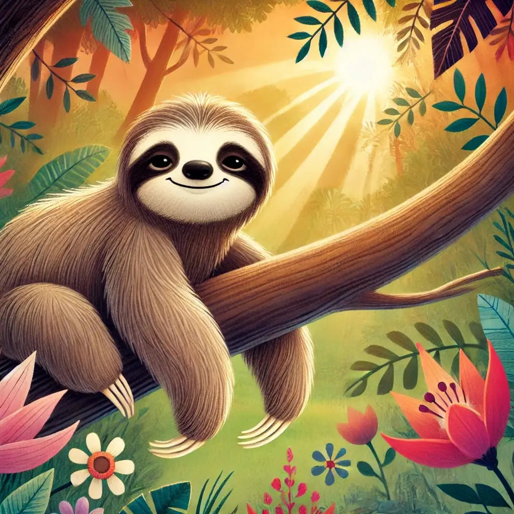 Faultier hängt fröhlich am Baum im Sonnenlicht, mit tropischen Blättern