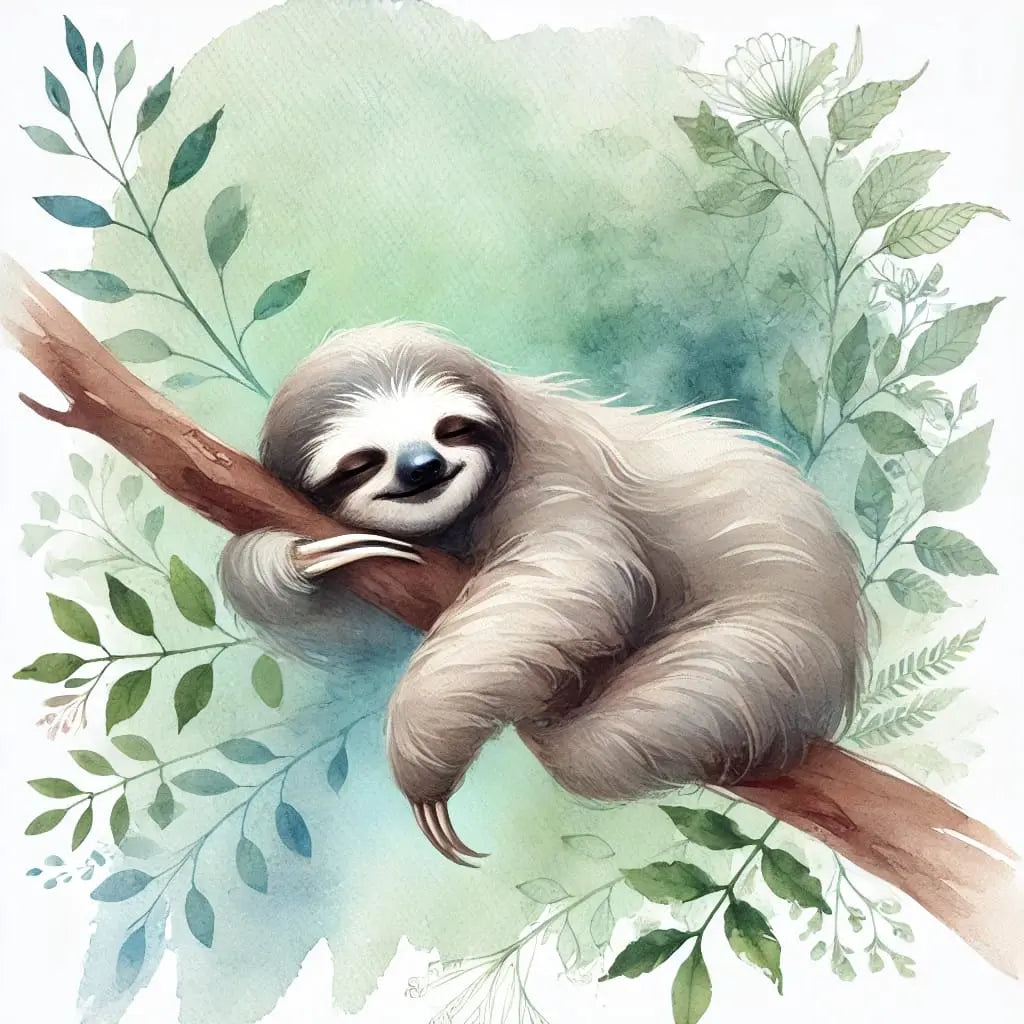 Faultier auf einem Ast mit Aquarell-Hintergrund – zart und verspielt