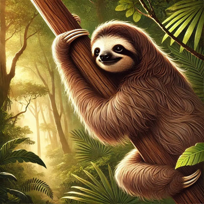 Fröhliches Faultier hängt an einem Ast im tropischen Regenwald – grün-golden