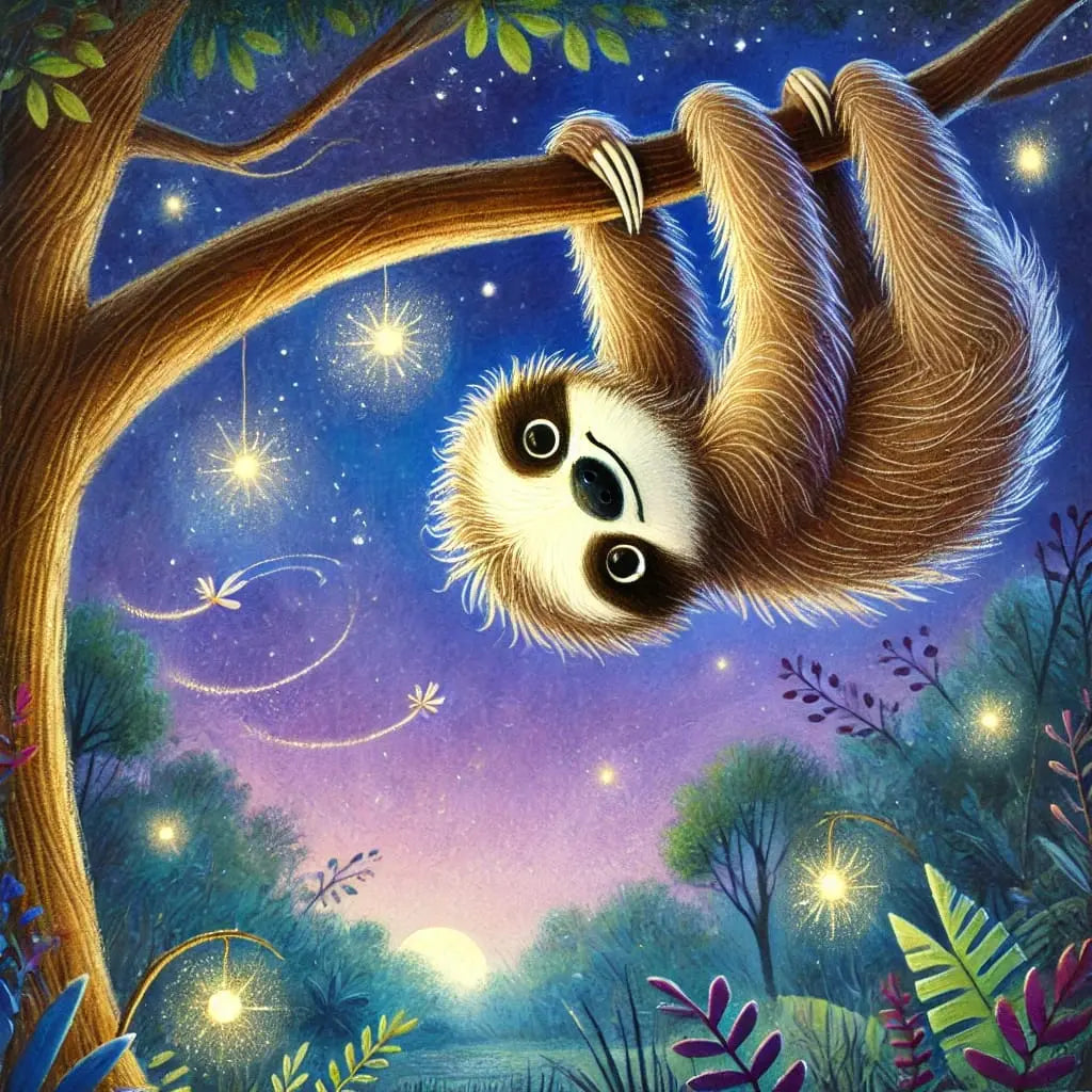 Faultier bei Nacht an einem Ast unter einem Sternenhimmel