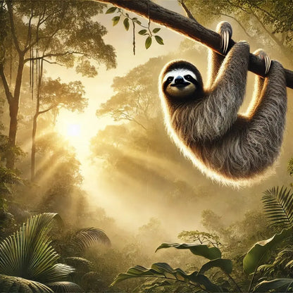 Faultier in Dschungelszene mit Sonnenlicht und Lianen