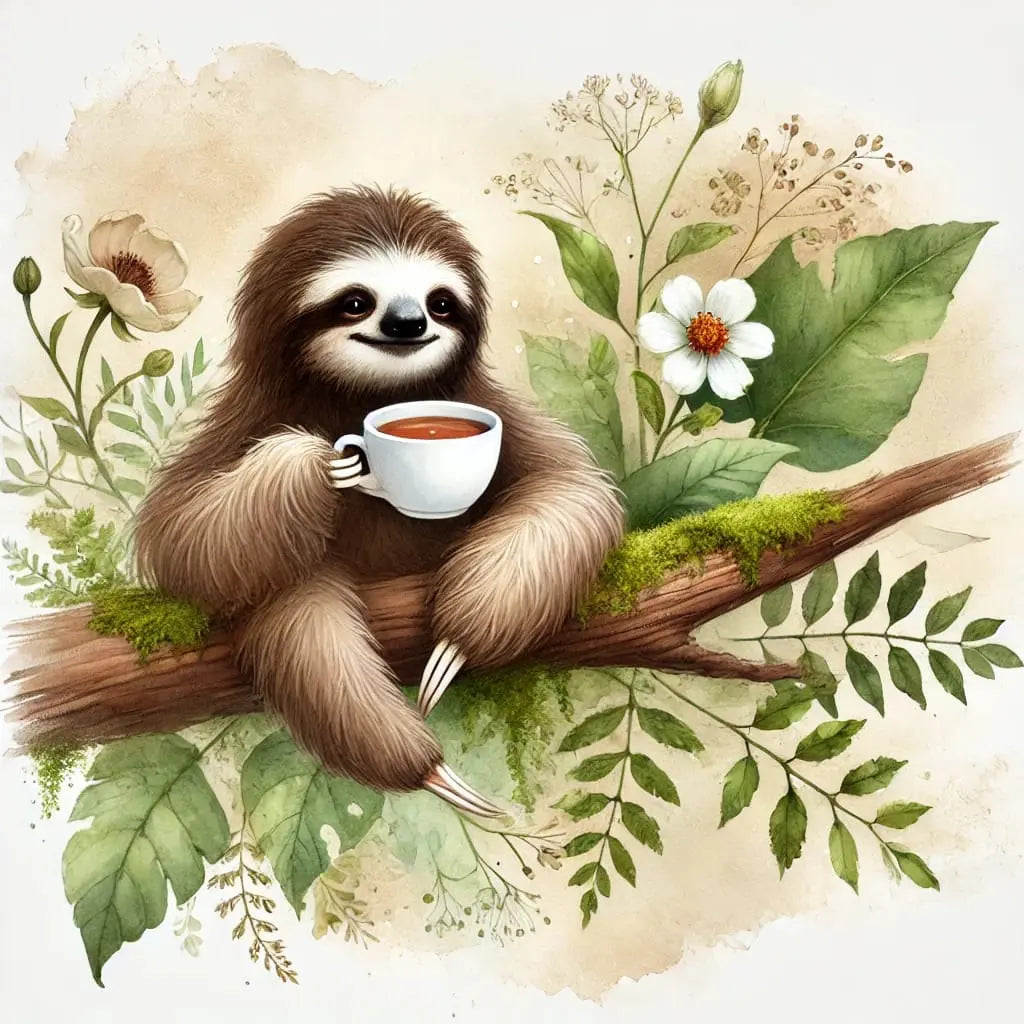 Faultier mit Blüte auf dem Kopf in zartem Blumen-Setting – verspieltes Design