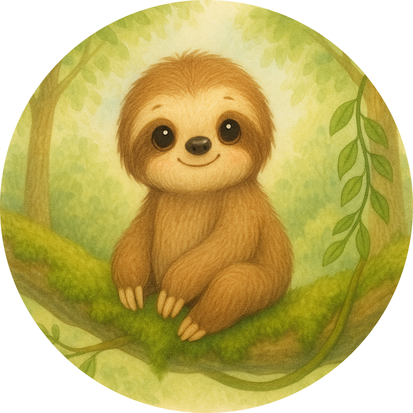 Faultierbaby mit hellem Gesicht, sitzt auf Zweig im Gras