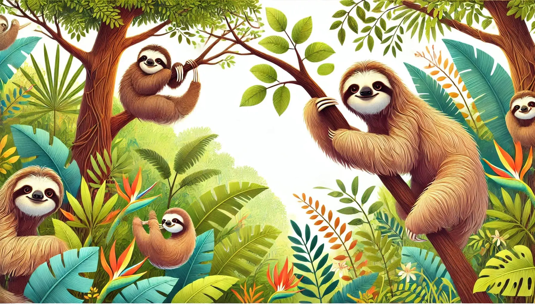 Faultierfamilie in tropischem Geäst mit Blättern und Blumen.