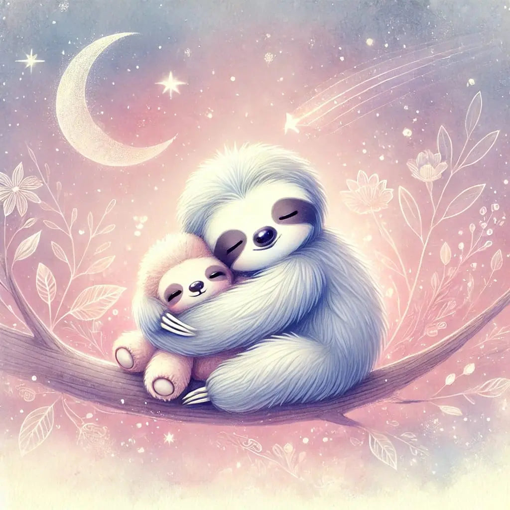 Faultiermama mit Baby auf rosa Wolke – niedliche Szene mit Herz