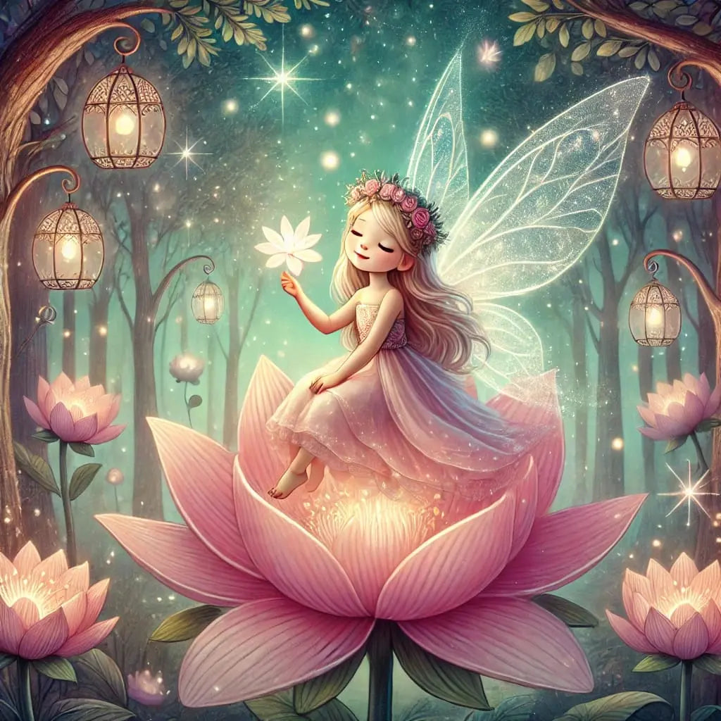 Eine kleine Fee sitzt auf einer leuchtenden Lotusblume und streut funkelnden Staub – im Hintergrund Laternenlicht.