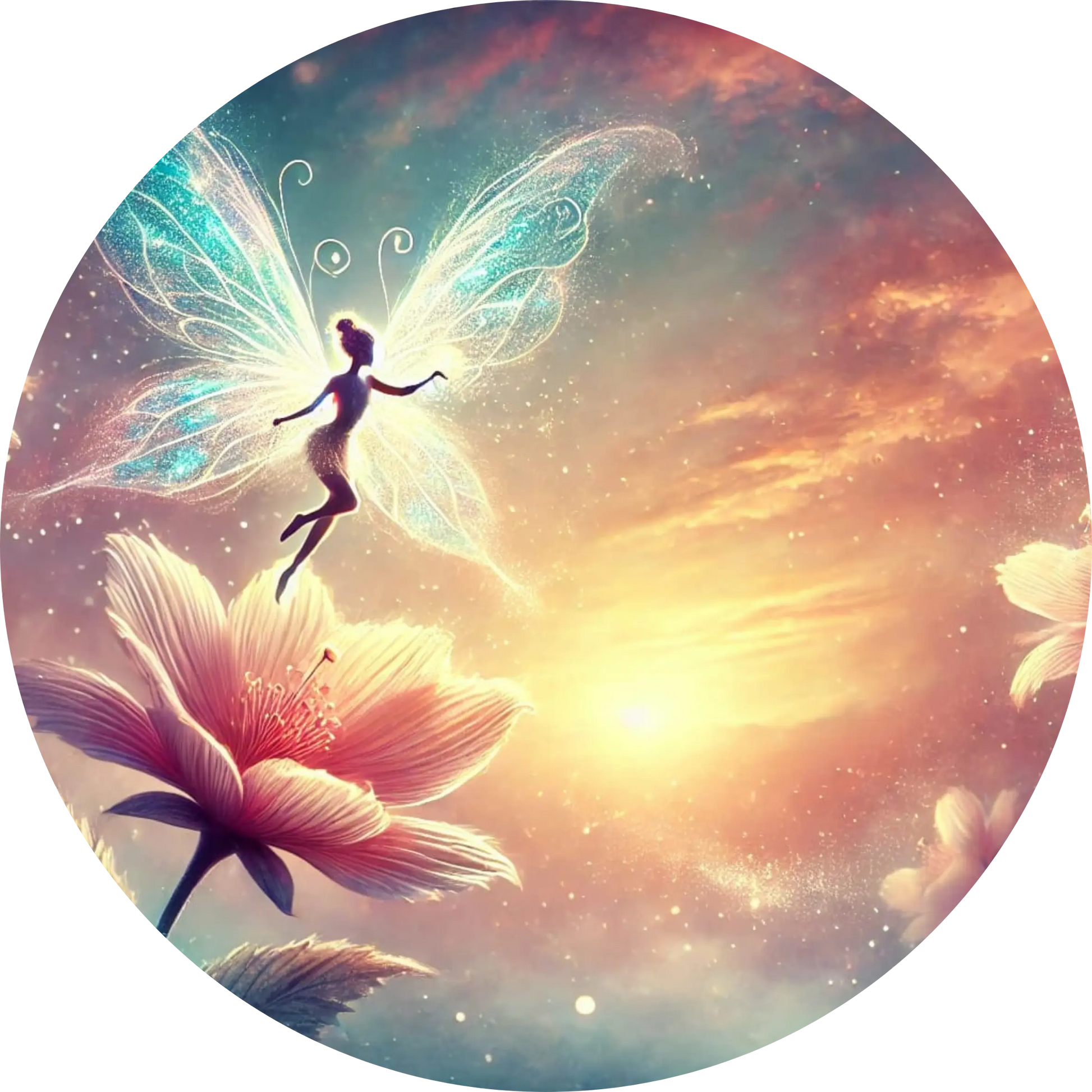 Fliegende Fee in warmem Abendlicht über Blumenwiese