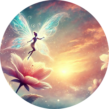 Fliegende Fee in warmem Abendlicht über Blumenwiese