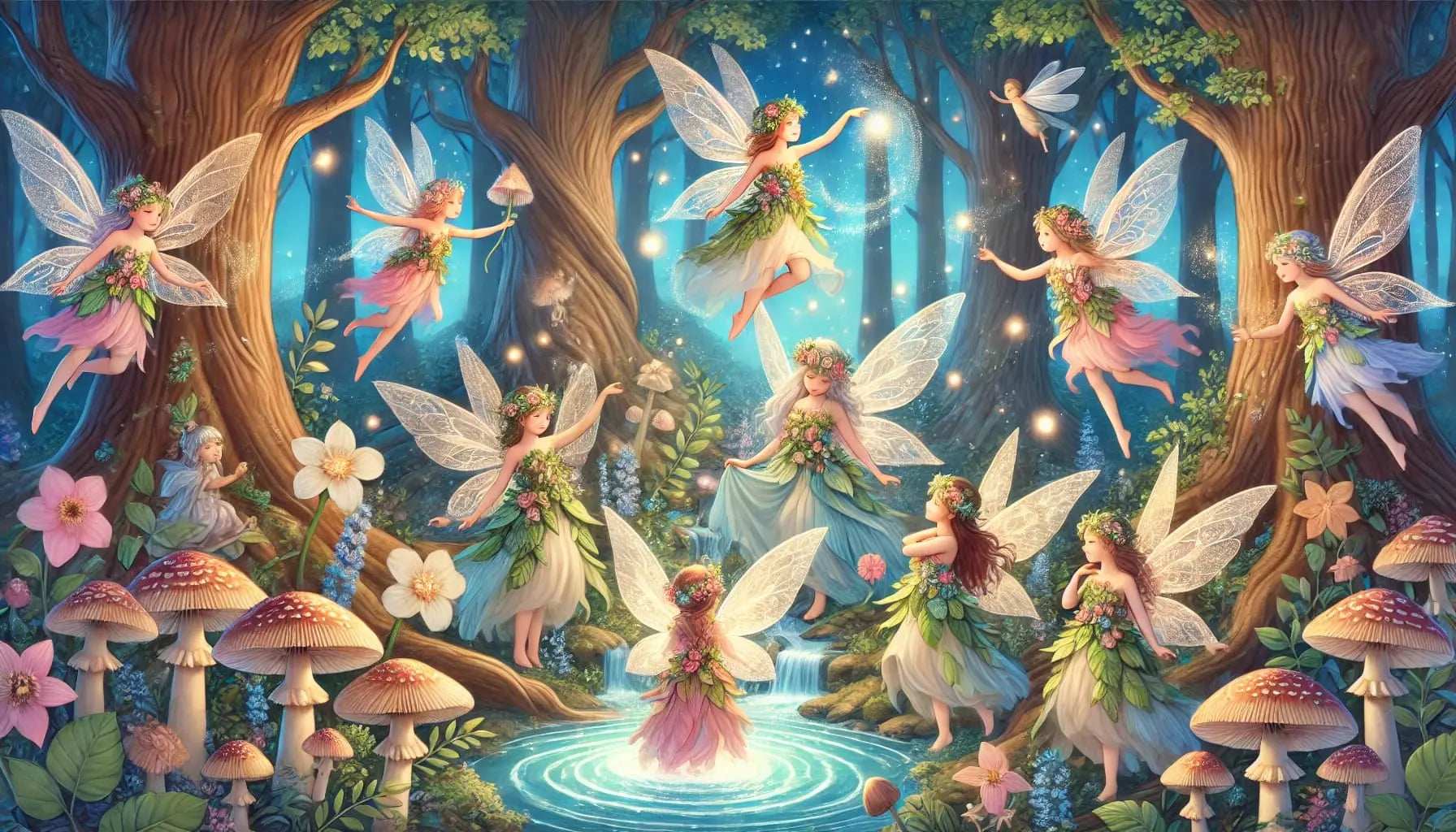 Gruppe kleiner Feen tanzt in einem Zauberwald mit leuchtenden Blumen