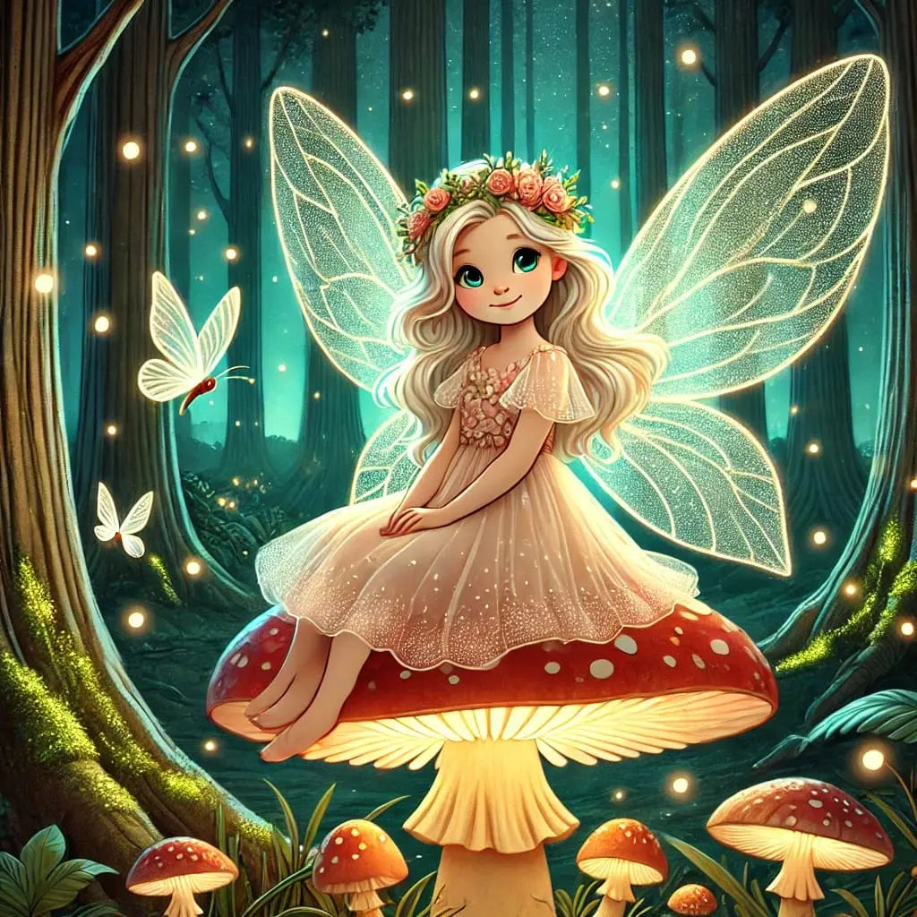 Feenmädchen mit Glitzerflügeln auf Pilz zwischen Glühwürmchen