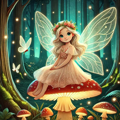 Feenmädchen mit Glitzerflügeln auf Pilz zwischen Glühwürmchen