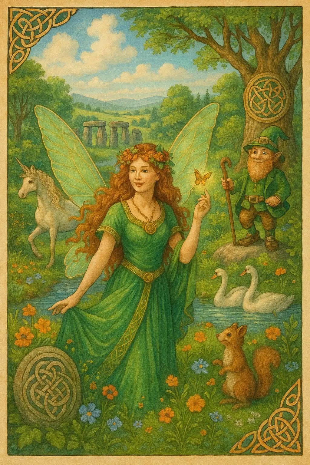 Feenwesen mit keltischen Mustern: Fröhliche Fee mit Flügeln, Einhorn, Leprechaun und Naturmotiven im Sommerwald.