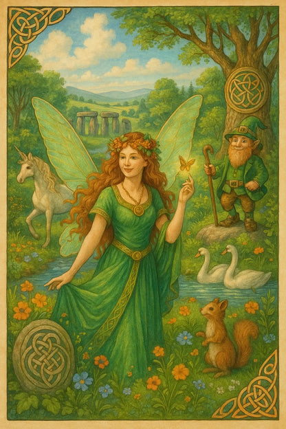 Feenwesen mit keltischen Mustern: Fröhliche Fee mit Flügeln, Einhorn, Leprechaun und Naturmotiven im Sommerwald.