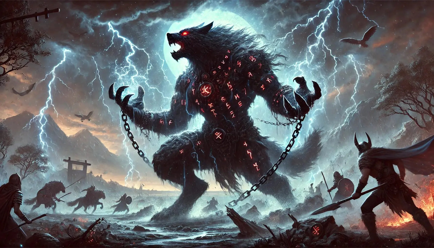 Gigantischer Fenriswolf in Ketten, bedeckt mit glühenden Runen, bricht aus seinem Gefängnis aus und verbreitet Chaos auf einem sturmumtosten Schlachtfeld – eine kraftvolle Szene aus der nordischen Mythologie, die Ragnarök symbolisiert.