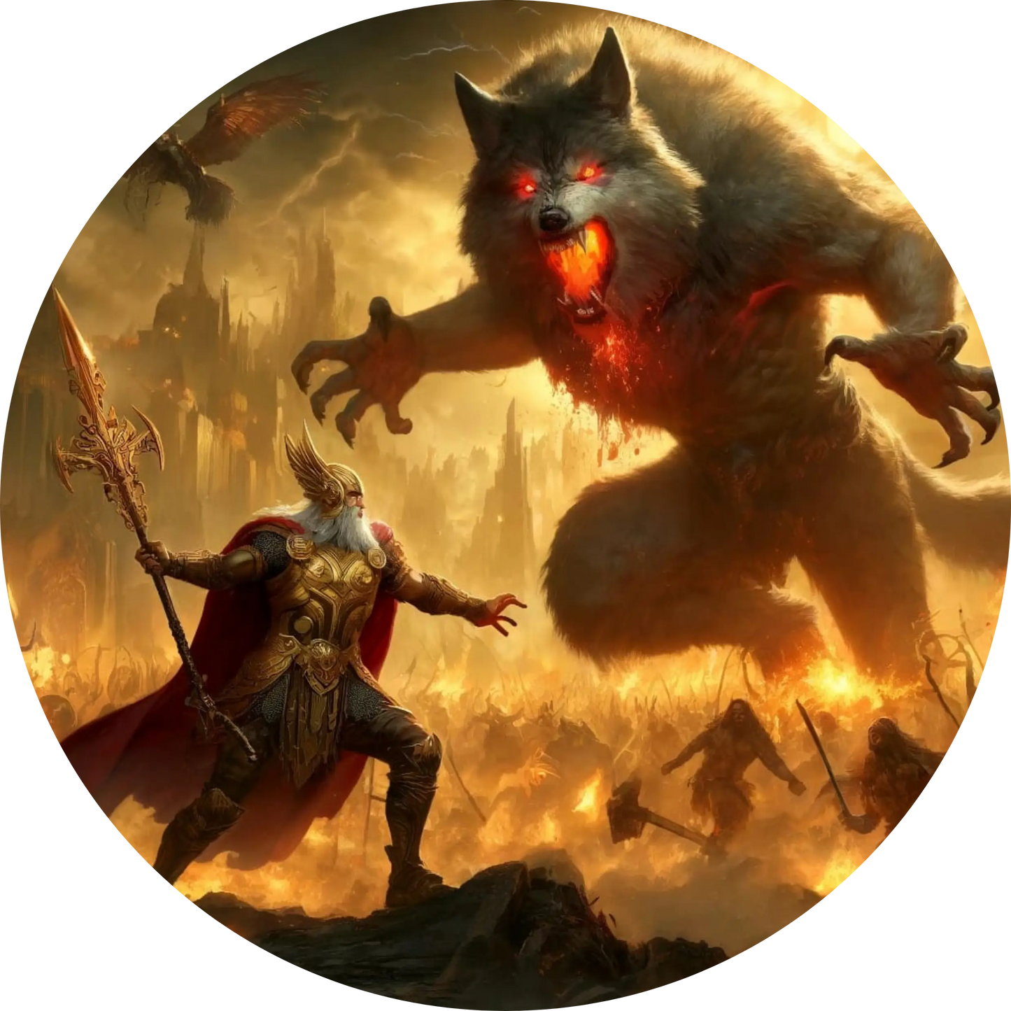 Epischer Kampf in der nordischen Mythologie: Ein Krieger stellt sich einem gigantischen Fenriswolf mit glühendem Herzen in einer apokalyptischen Szene.