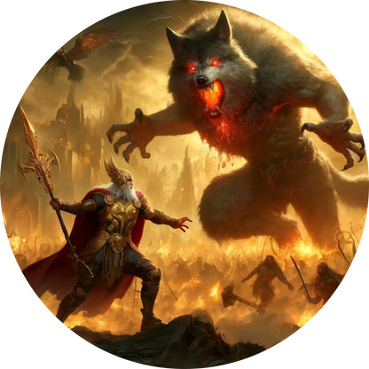 Epischer Kampf in der nordischen Mythologie: Ein Krieger stellt sich einem gigantischen Fenriswolf mit glühendem Herzen in einer apokalyptischen Szene.