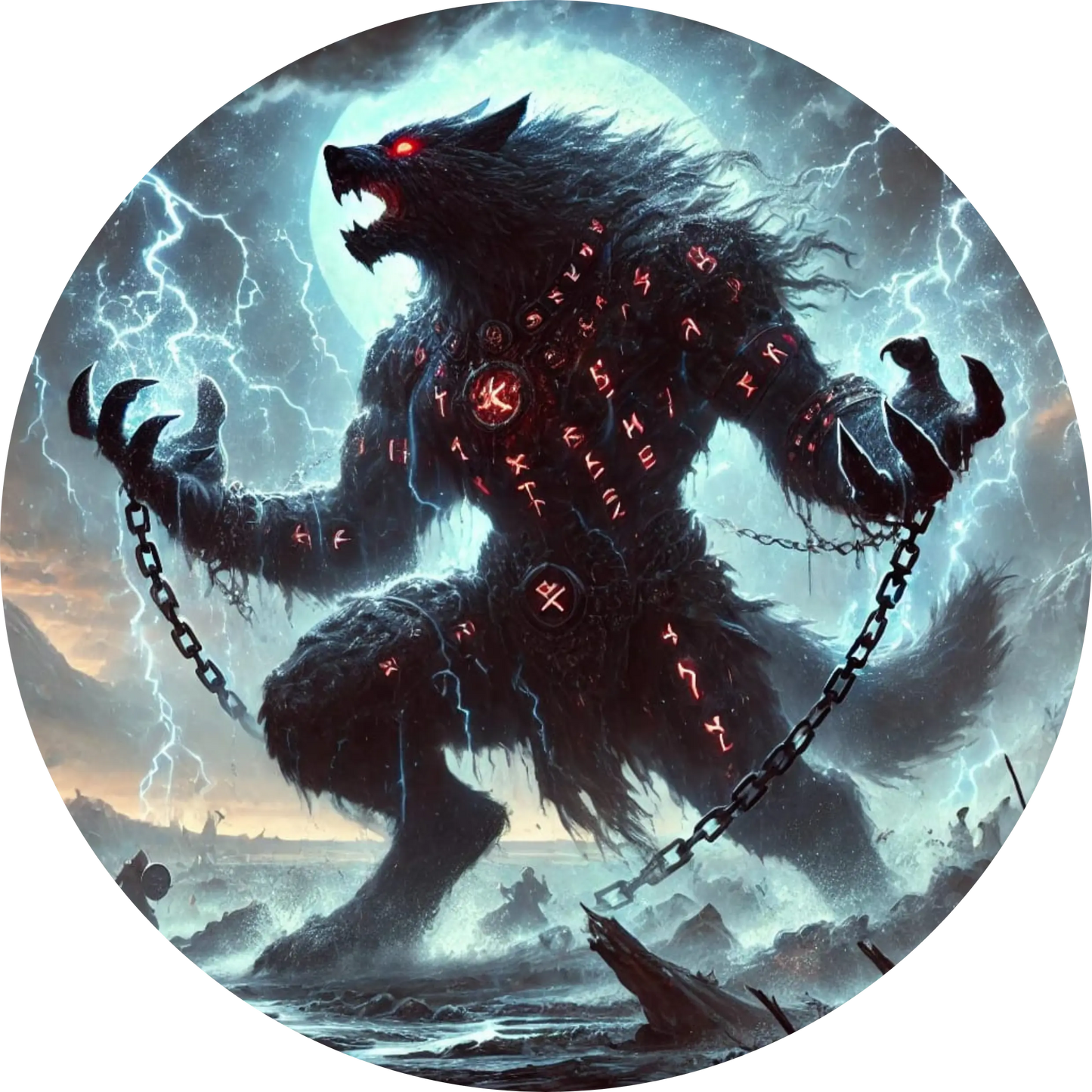 Fenriswolf in Ketten – das mythische Ungeheuer windet sich unter dunklem Himmel, seine rote Energiequelle pulsiert bedrohlich.