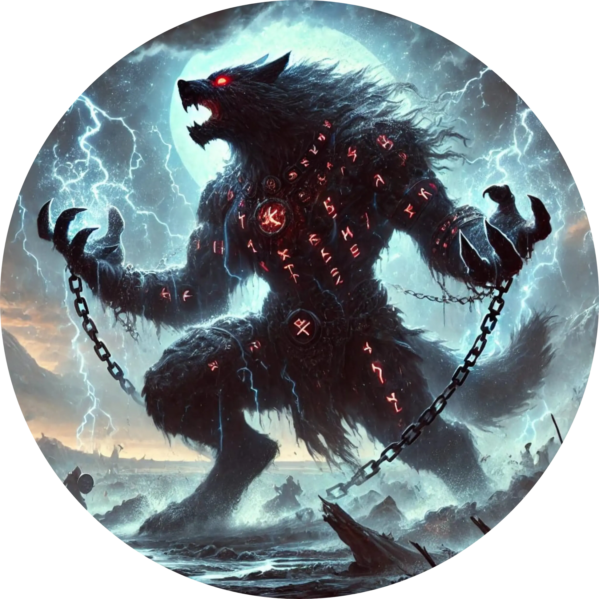 Fenriswolf in Ketten – das mythische Ungeheuer windet sich unter dunklem Himmel, seine rote Energiequelle pulsiert bedrohlich.