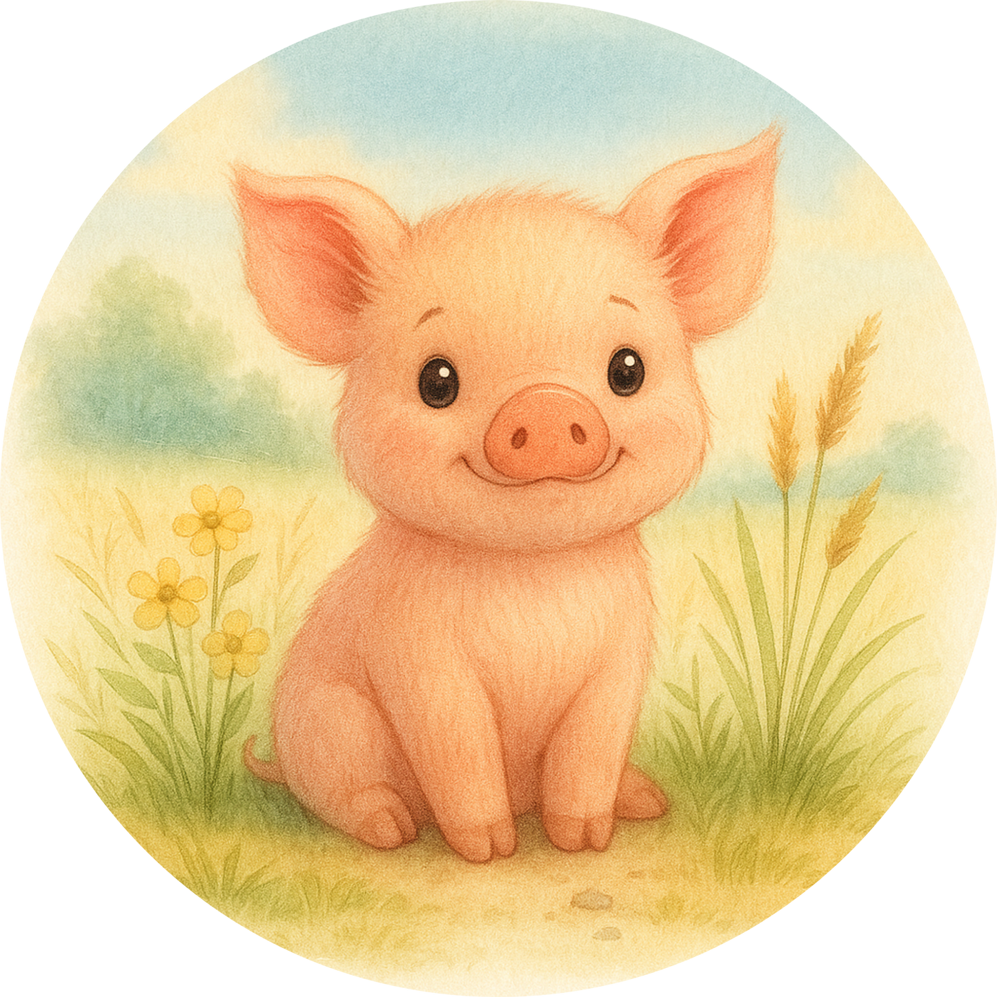 Kleines rosa Ferkel mit süßem Lächeln auf Blumenwiese