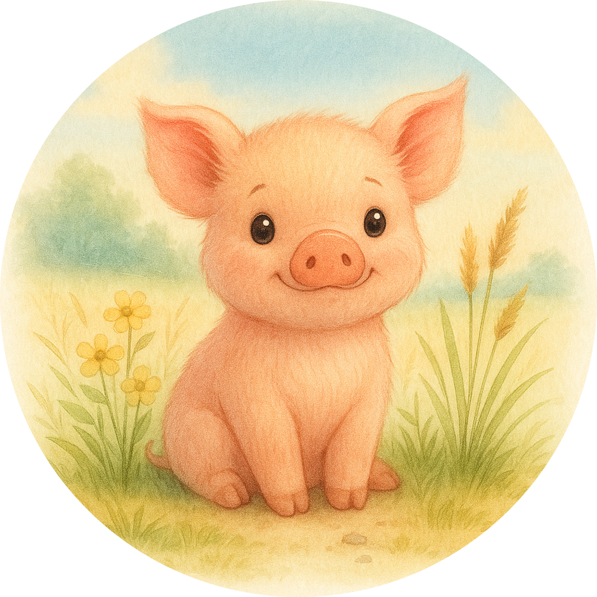 Kleines rosa Ferkel mit süßem Lächeln auf Blumenwiese