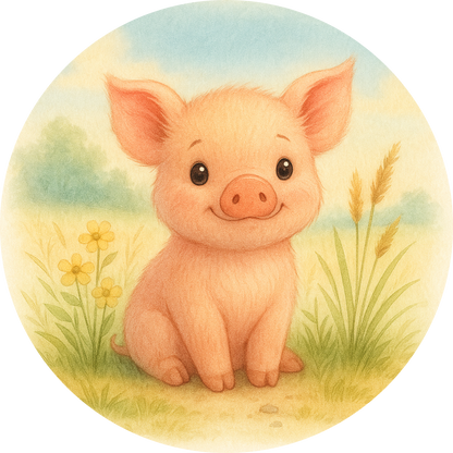 Kleines rosa Ferkel mit süßem Lächeln auf Blumenwiese