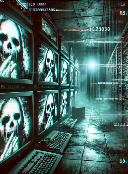 Verlassener Raum voller flackernder Fernseher mit gruseligen Bildern – verzerrte Gesichter, statisches Rauschen und starrende Augen.