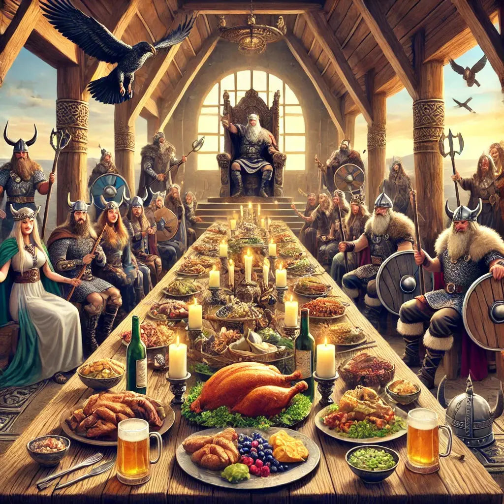 Große Wikingerhalle mit langem Festbankett und goldenem Licht – festlicher Treffpunkt der nordischen Götter und Krieger