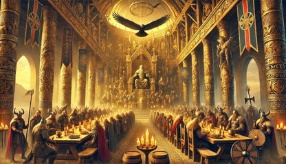 Große Festhalle mit geschmückten Tafeln und goldener Aura – Sinnbild für die Feste der Götter in Valhalla.