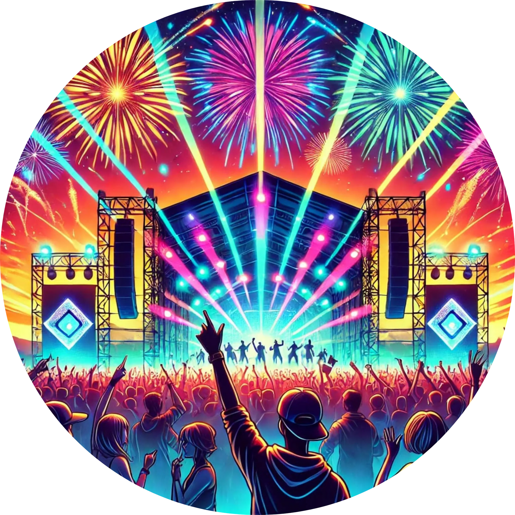 Festivalbühne in Neonfarben mit Lichtshow und tanzender Menschenmenge