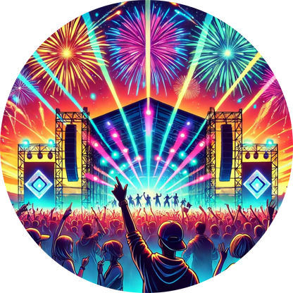 Festivalbühne in Neonfarben mit Lichtshow und tanzender Menschenmenge