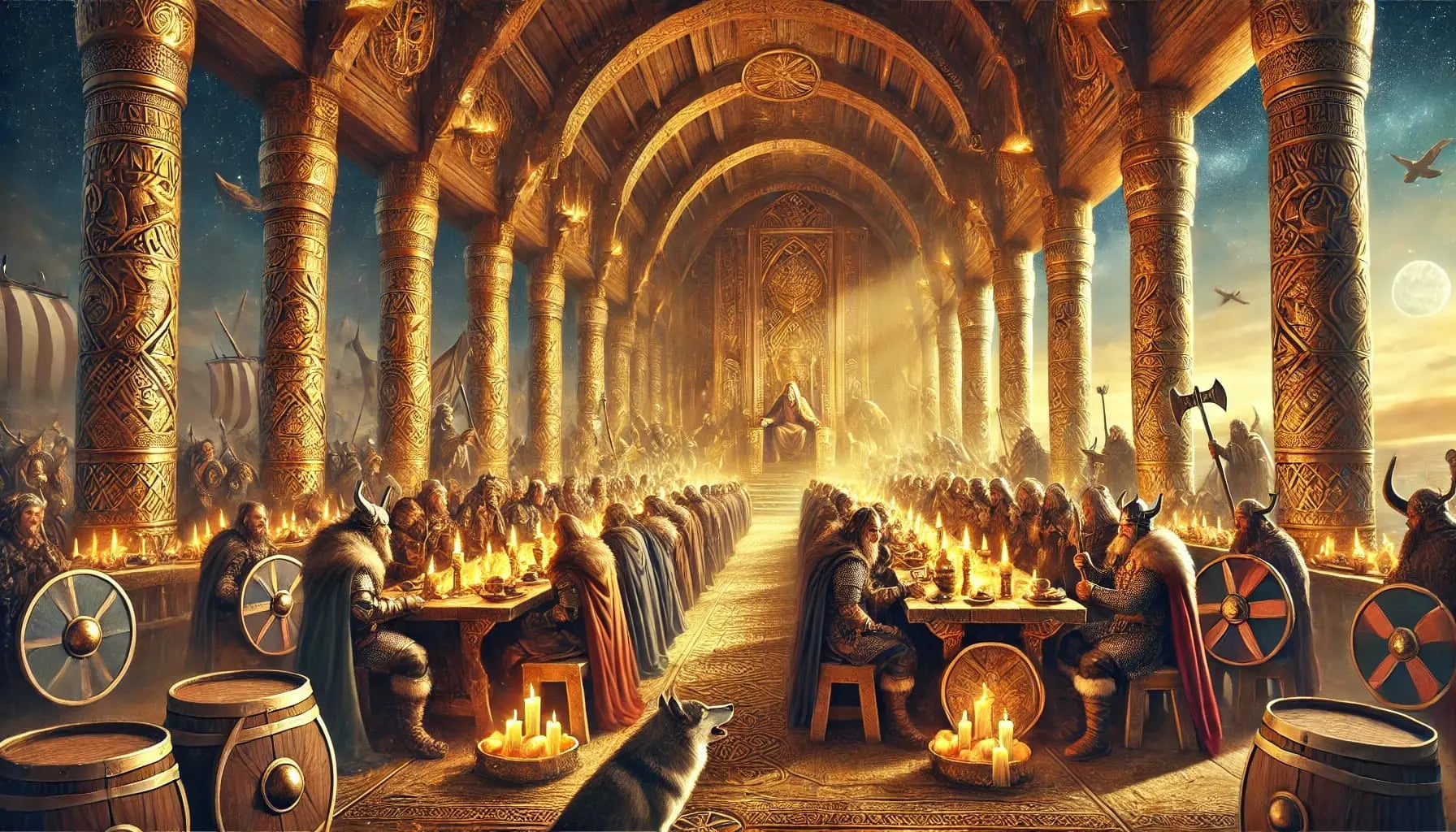 Große Halle mit Festmahl – Darstellung von Walhall.