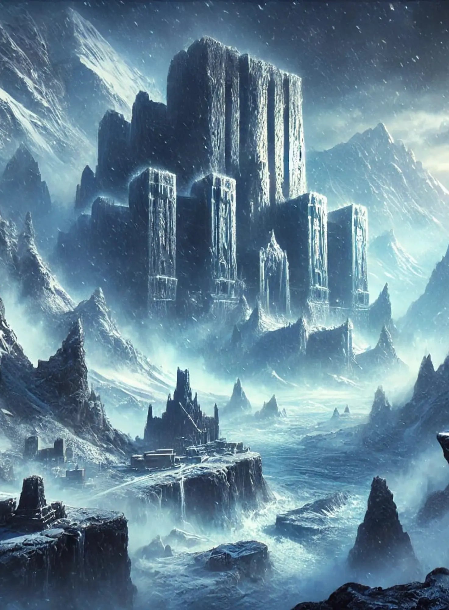 Verschneite Hochland-Festung in schroffer Eislandschaft – Sinnbild für Isolation, Stärke und uralte Sagen.