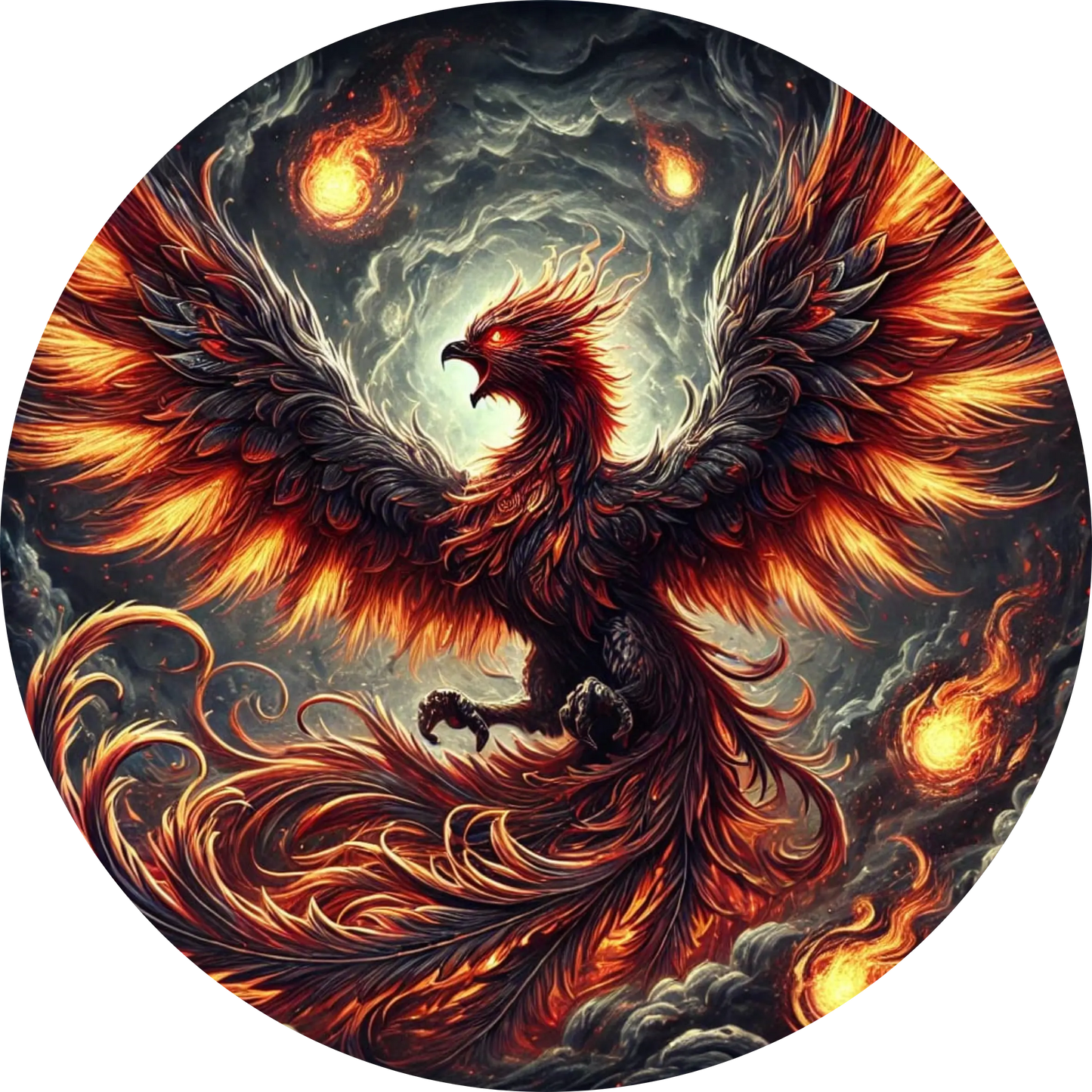 Dunkler Phoenix mit leuchtenden Augen im Schatten