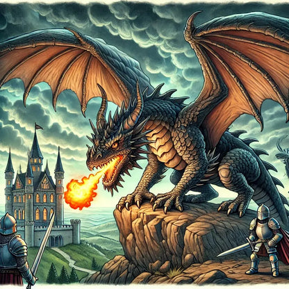 Feuer speiender schwarzer Drache auf einem Felsen über Stadt