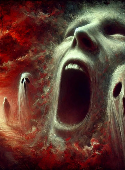 Entstelltes, schreiendes Gesicht durchbricht eine Wand aus Flammen – wie ein Dämonentor aus der Unterwelt.