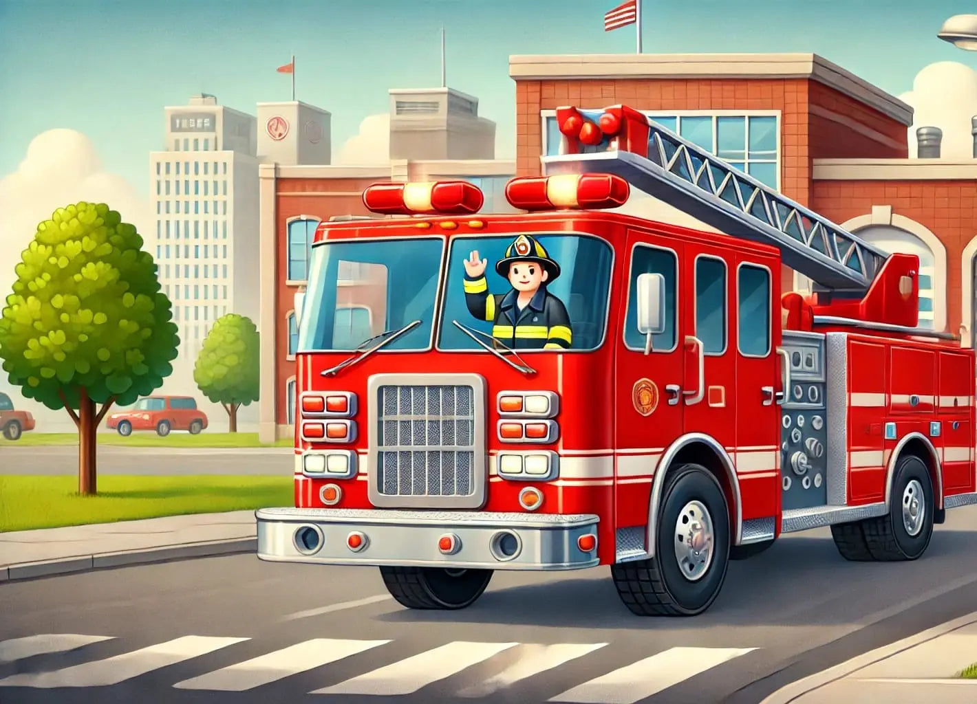 Roter Feuerwehrwagen mit Feuerwehrfrau vor einem städtischen Gebäude