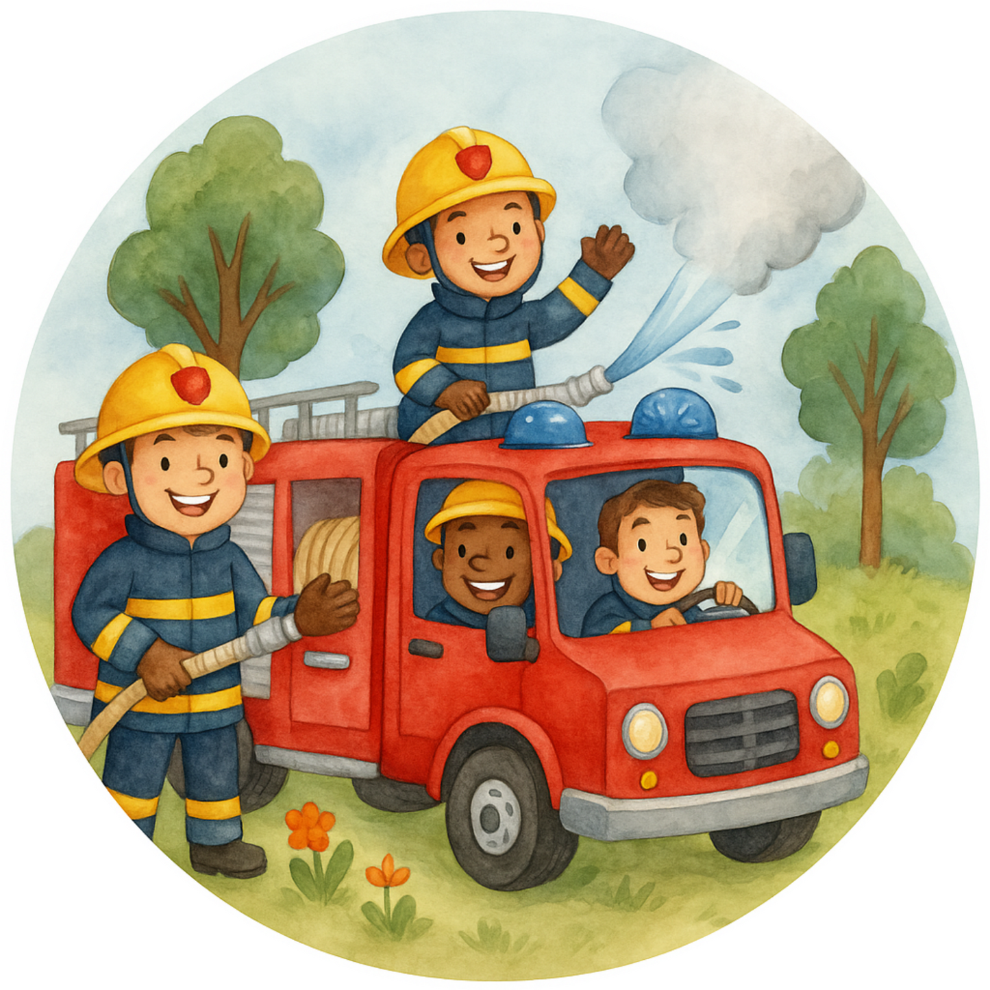 Feuerwehr mit vier Feuerwehrmännern im Kinderbuch Design