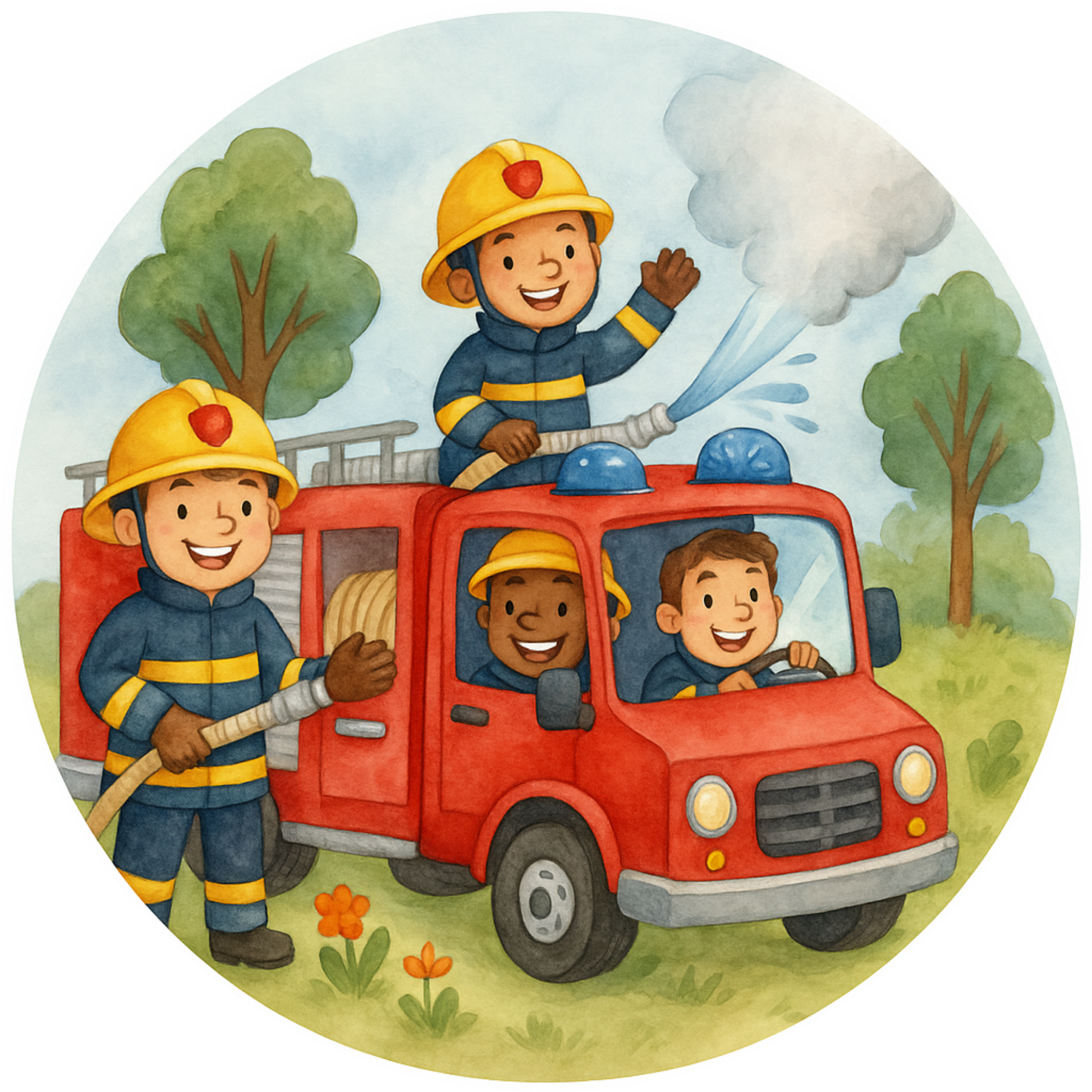 Feuerwehr mit vier Feuerwehrmännern im Kinderbuch Design