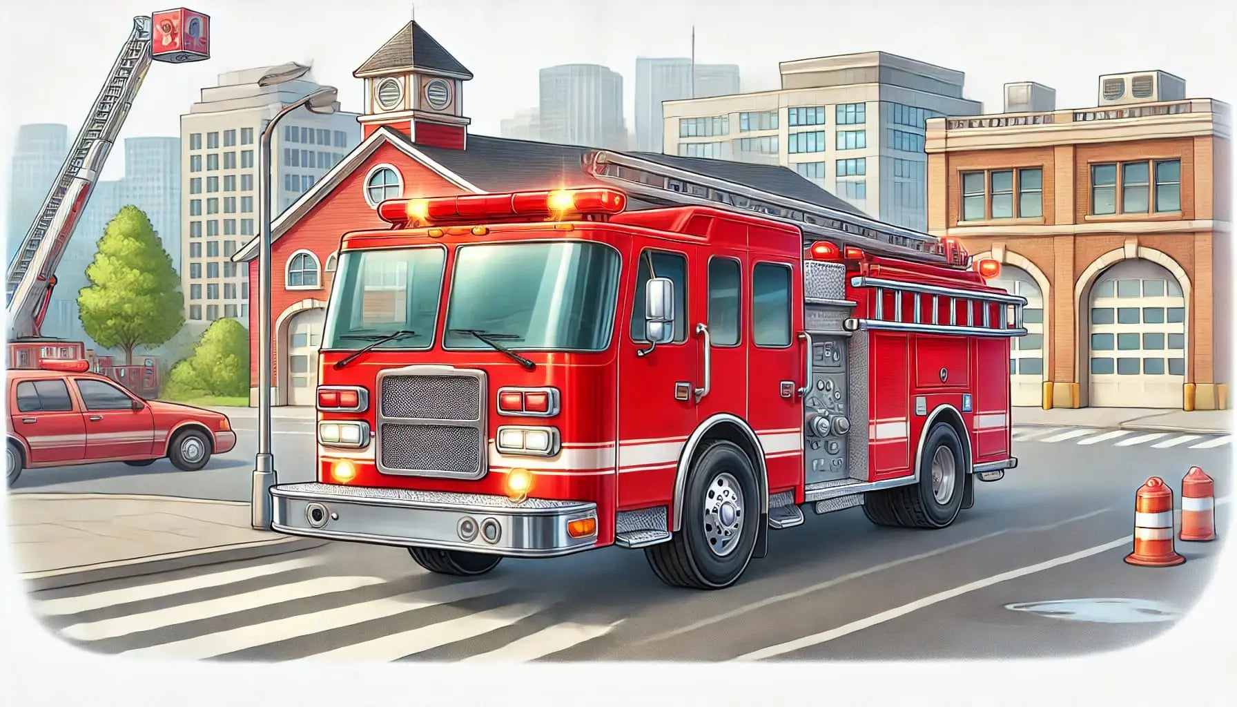 Feuerwehrfahrzeug auf dem Weg zum Einsatz durch eine moderne Stadt.