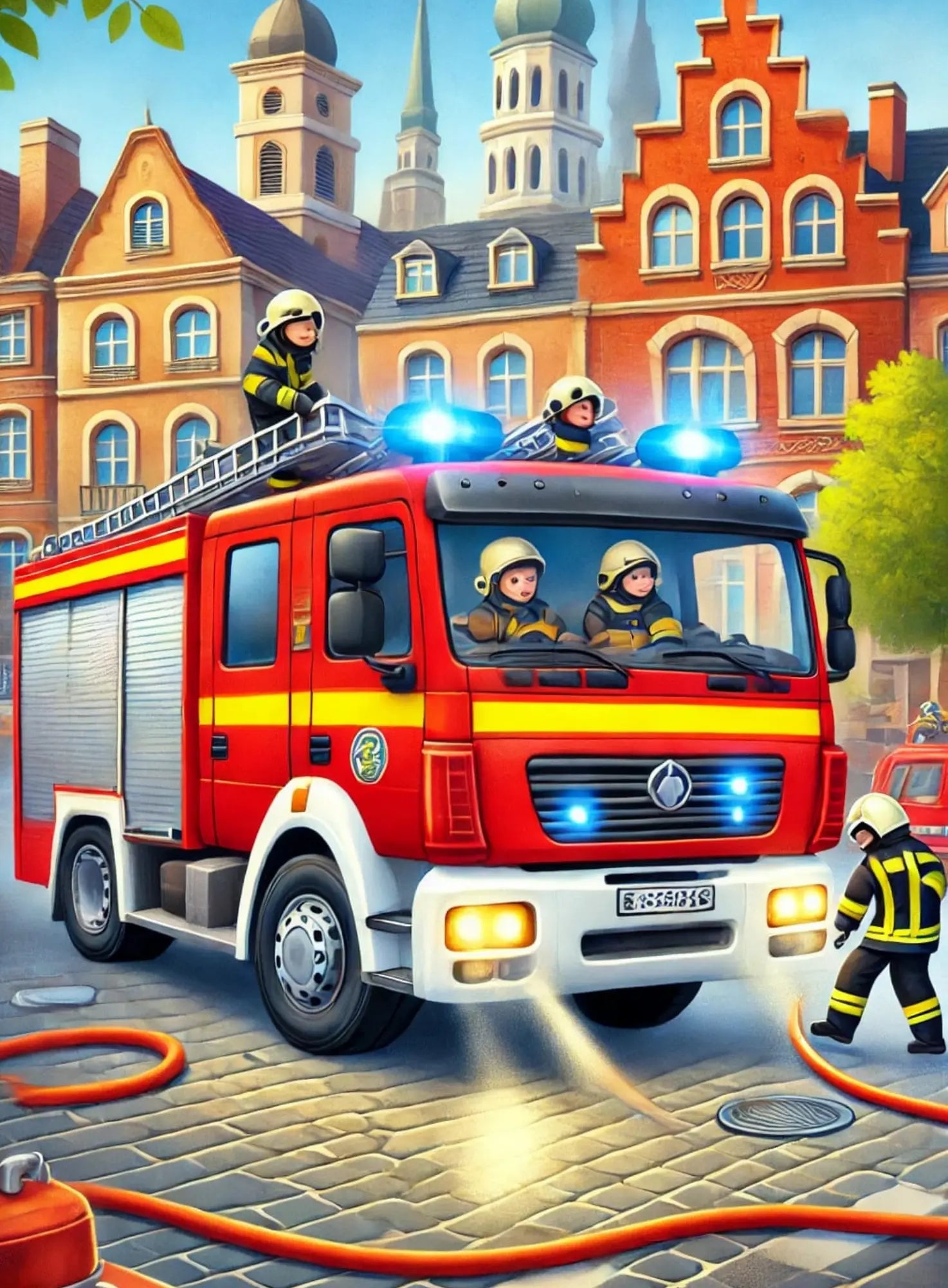 Feuerwehrwagen im Einsatz in einer belebten Stadtstraße.