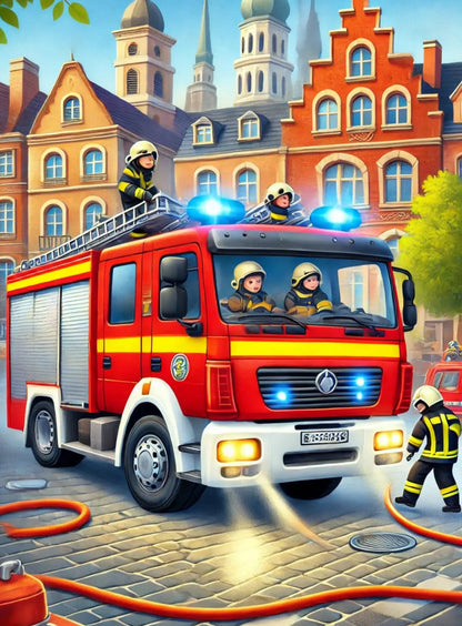 Feuerwehrwagen im Einsatz in einer belebten Stadtstraße.