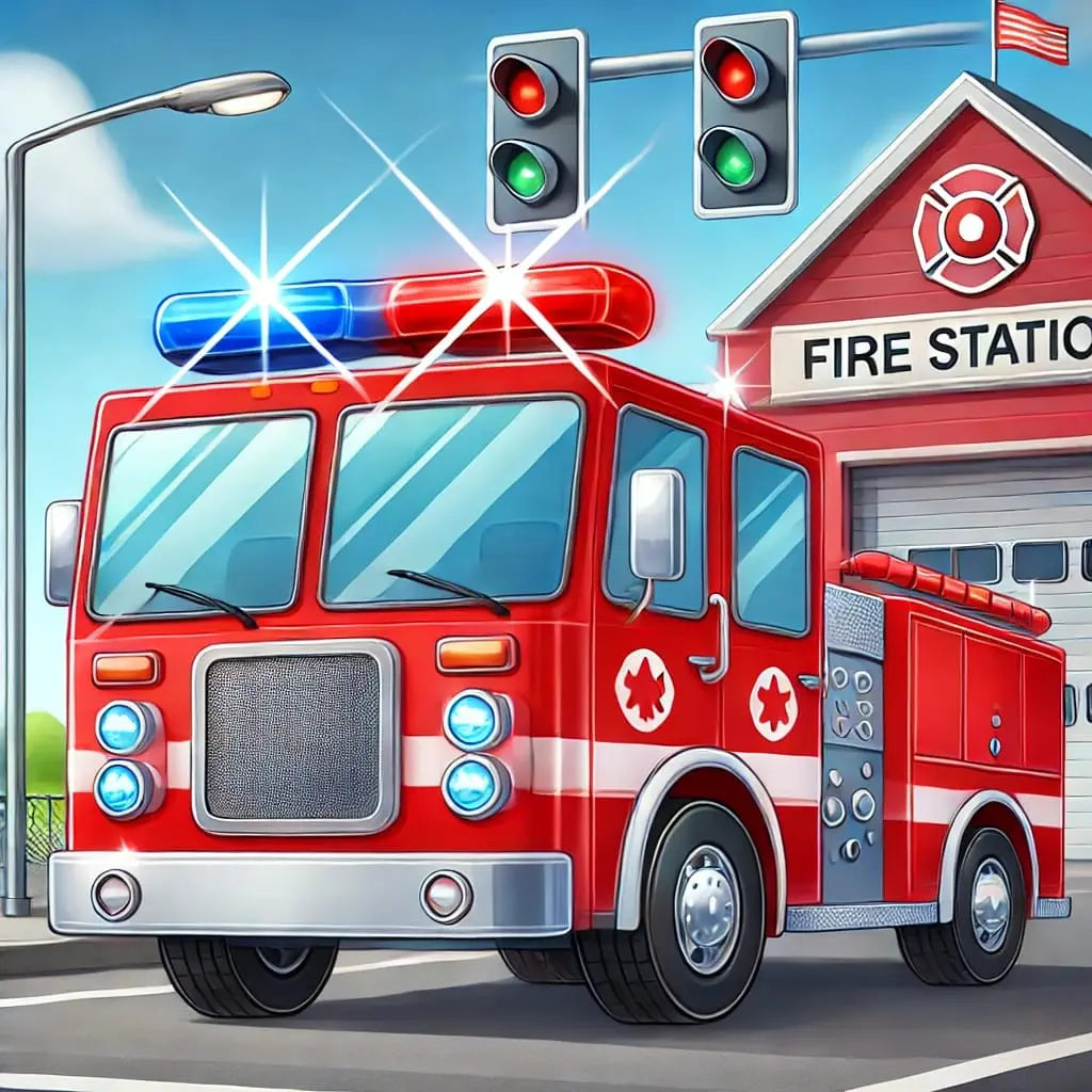 Rote Feuerwehr mit Blaulicht auf einem Parkplatz mit Verkehrszeichen.