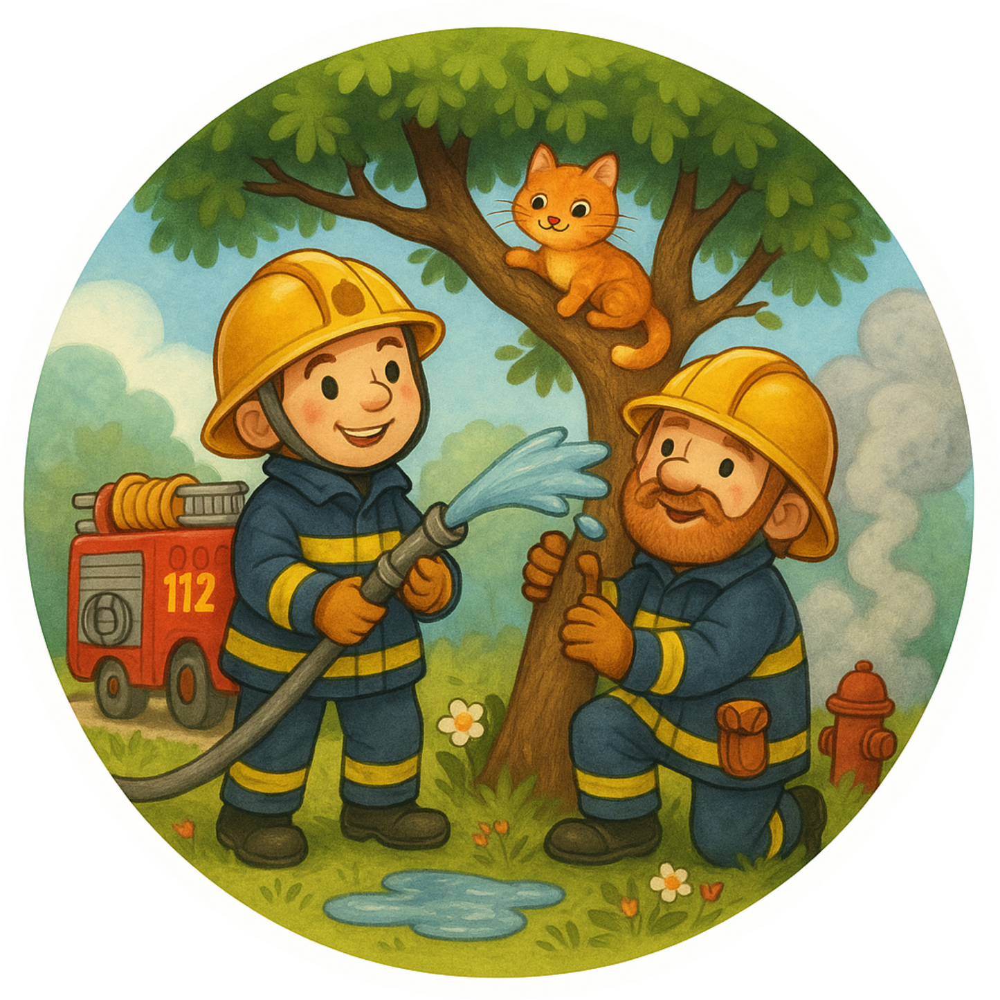 Zwei Feuerwehrmänner retten eine Katze vom Baum im Kinderbuch Stil